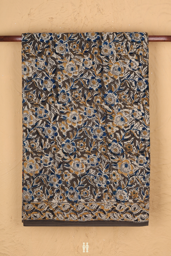 Kalamkari Cotton Saree In Olive Green With Floral Design