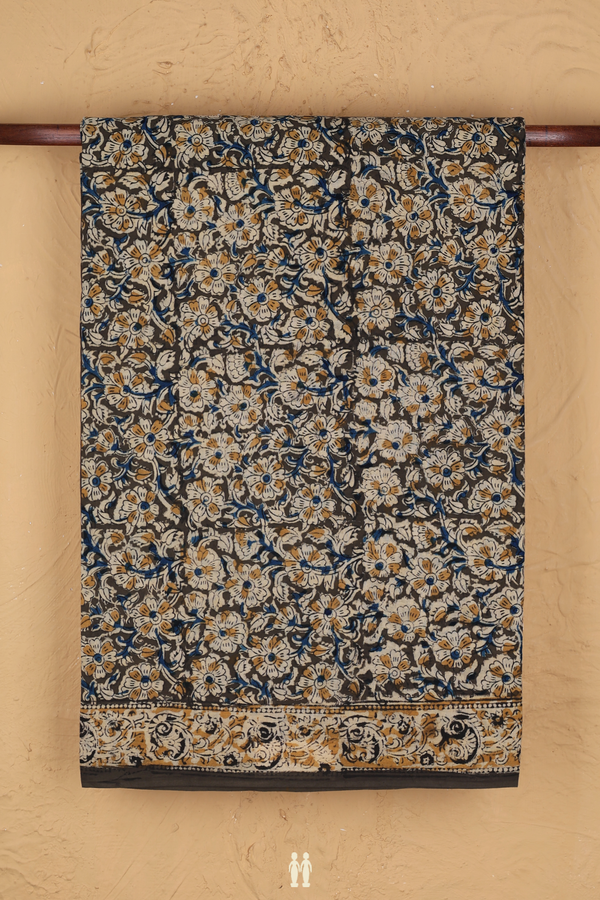 Kalamkari Cotton Saree In Olive Green With Floral Design