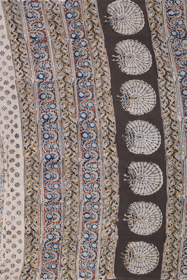 Kalamkari Cotton Saree In Olive Green With Floral Design