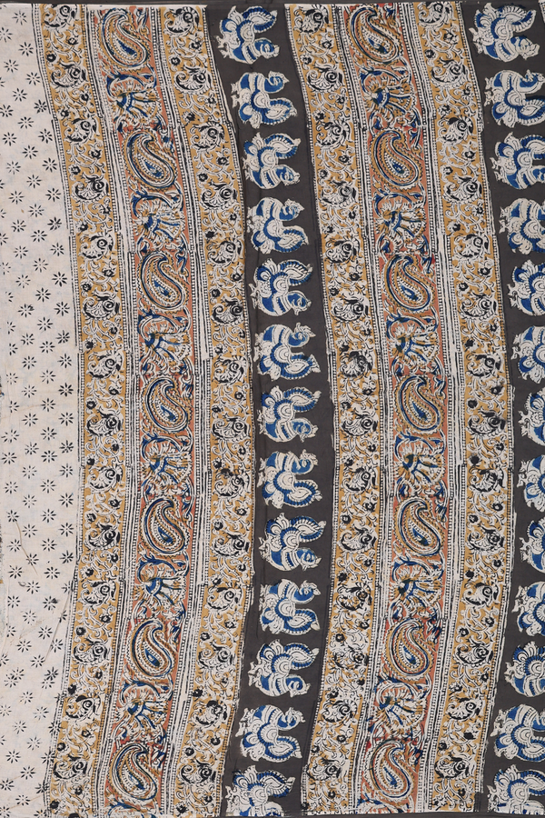 Kalamkari Cotton Saree In Olive Green With Floral Design