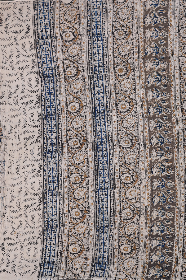 Kalamkari Cotton Saree In Olive Green With Floral Design