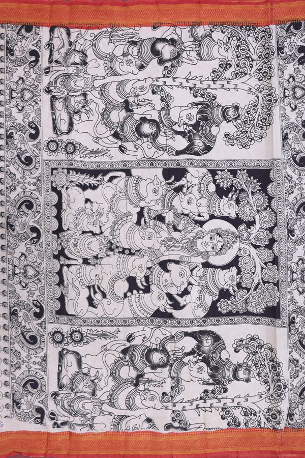 Kalamkari Cotton Saree In Olive Green With Floral Design