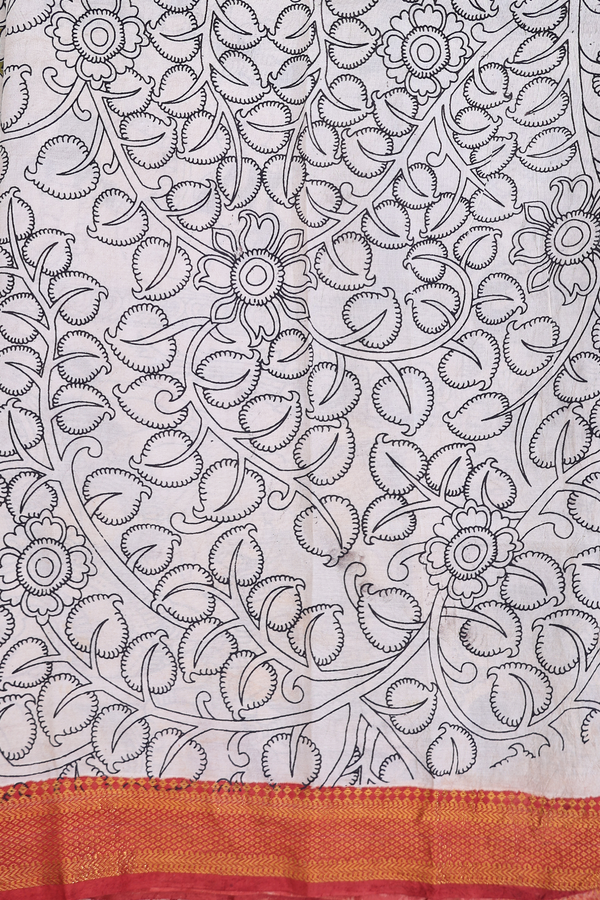 Kalamkari Cotton Saree In Olive Green With Floral Design