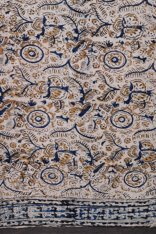 Kalamkari Cotton Saree In Olive Green With Floral Design