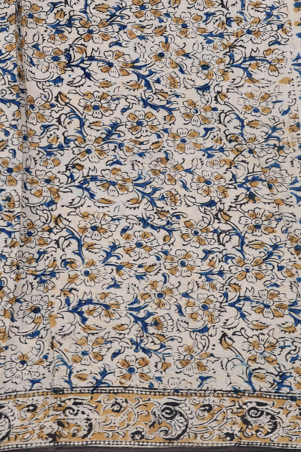 Kalamkari Cotton Saree In Olive Green With Floral Design