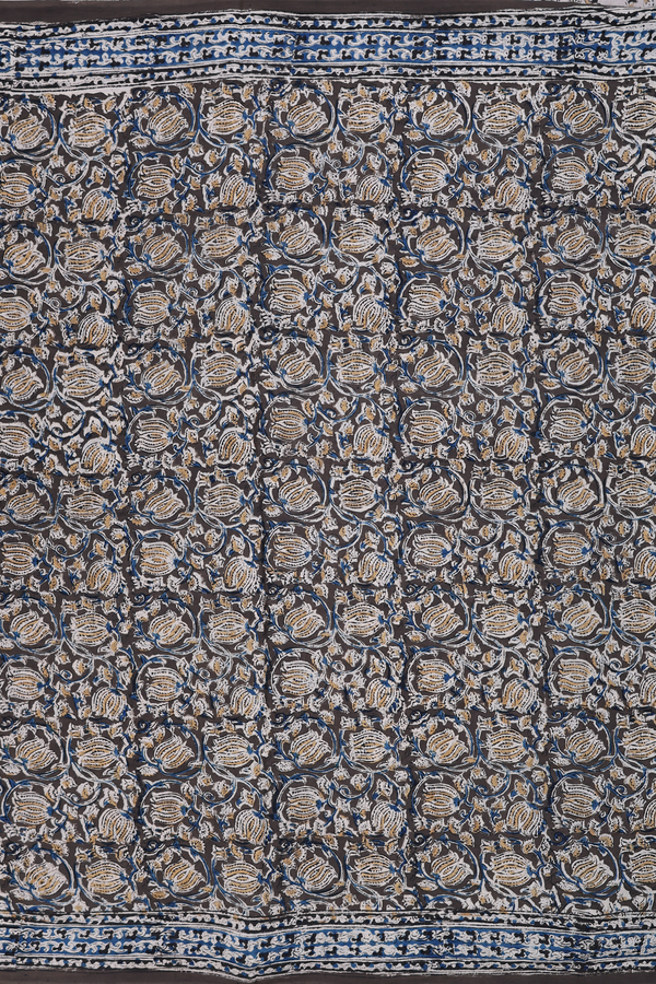 Kalamkari Cotton Saree In Olive Green With Floral Design