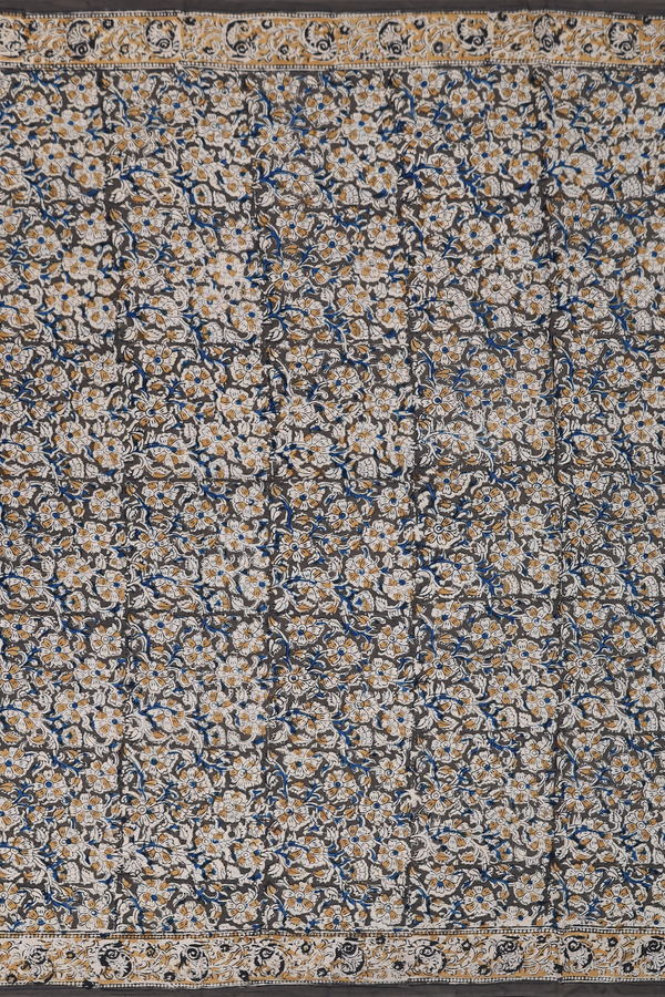 Kalamkari Cotton Saree In Olive Green With Floral Design