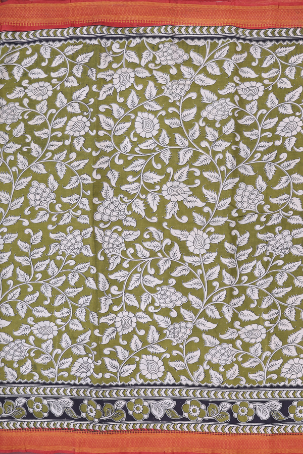 Kalamkari Cotton Saree In Olive Green With Floral Design