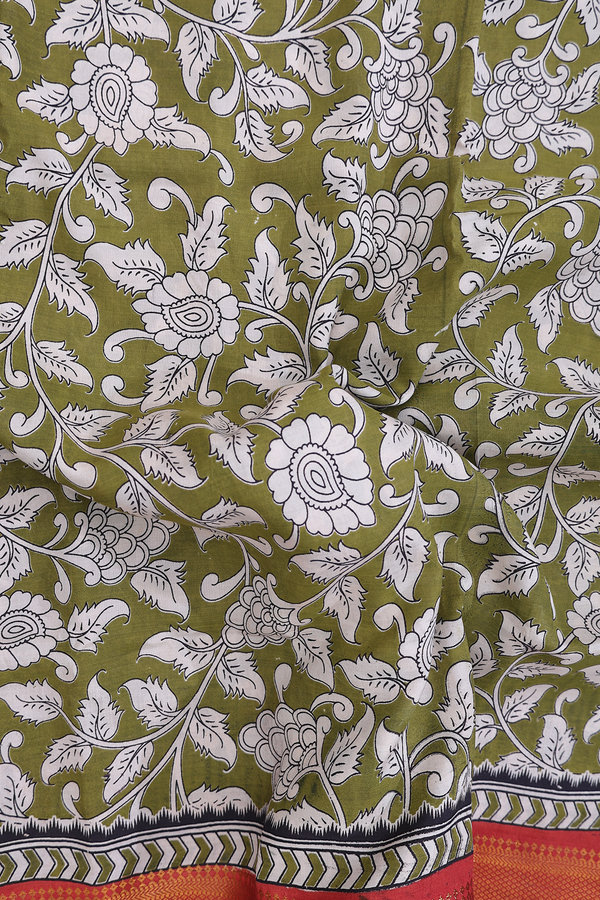 Kalamkari Cotton Saree In Olive Green With Floral Design