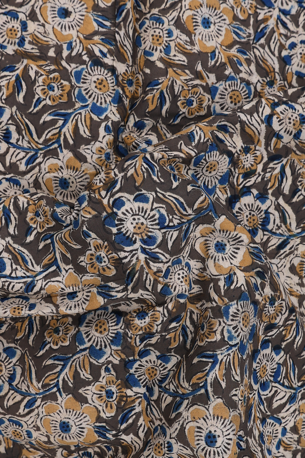 Kalamkari Cotton Saree In Olive Green With Floral Design