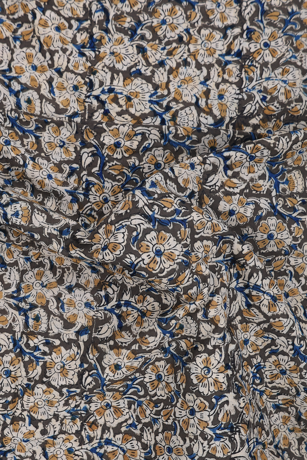 Kalamkari Cotton Saree In Olive Green With Floral Design