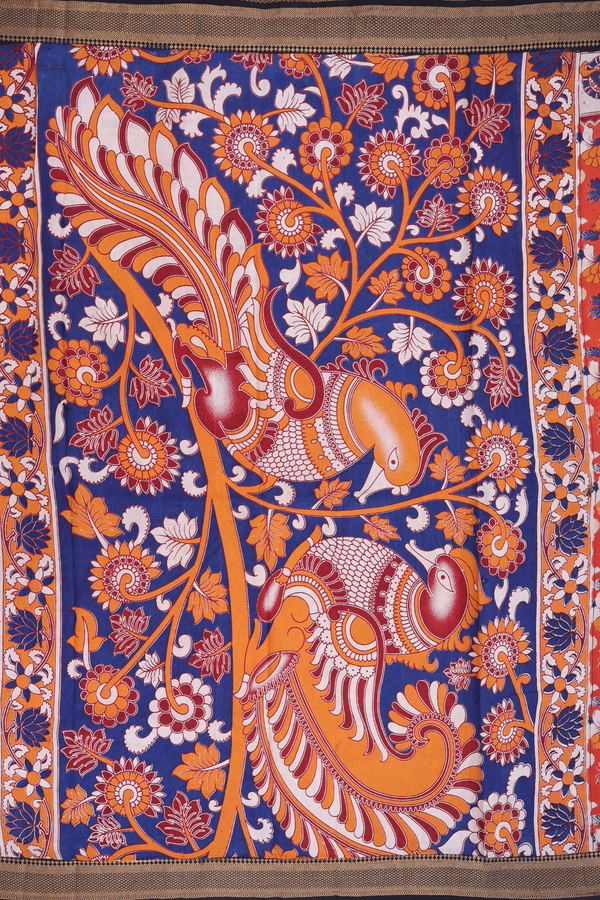 Kalamkari Cotton Saree In Orange With Floral Design
