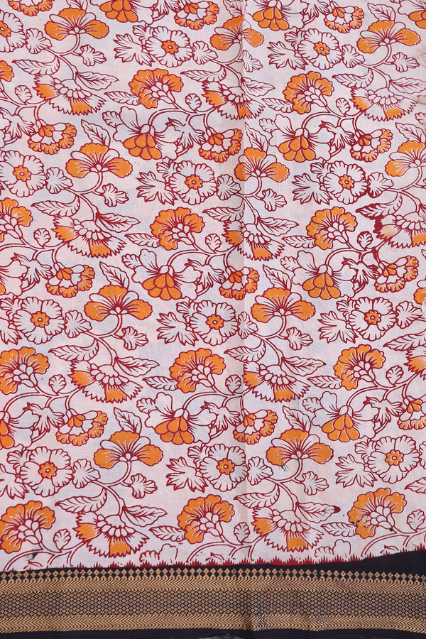 Kalamkari Cotton Saree In Orange With Floral Design