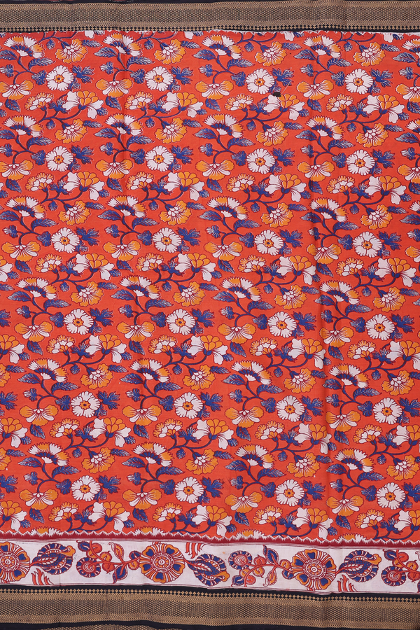 Kalamkari Cotton Saree In Orange With Floral Design