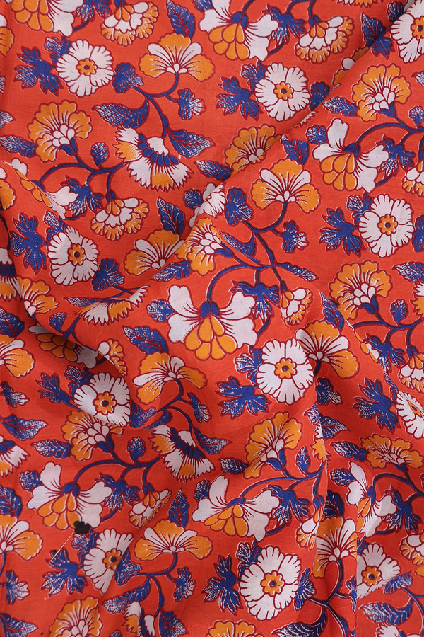 Kalamkari Cotton Saree In Orange With Floral Design