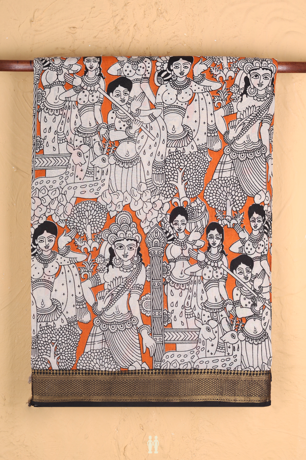 Kalamkari Cotton Saree In Orange With Printed Design