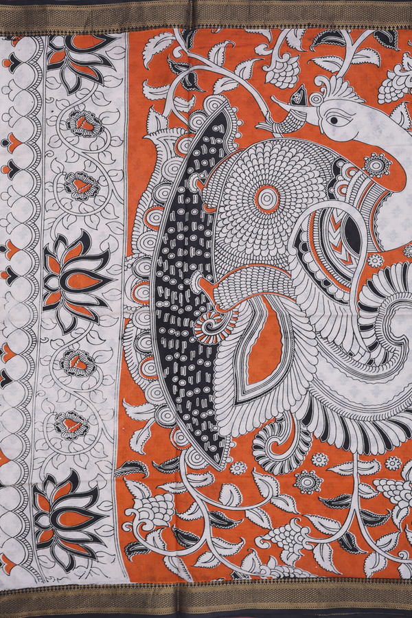 Kalamkari Cotton Saree In Orange With Printed Design