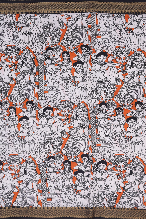 Kalamkari Cotton Saree In Orange With Printed Design