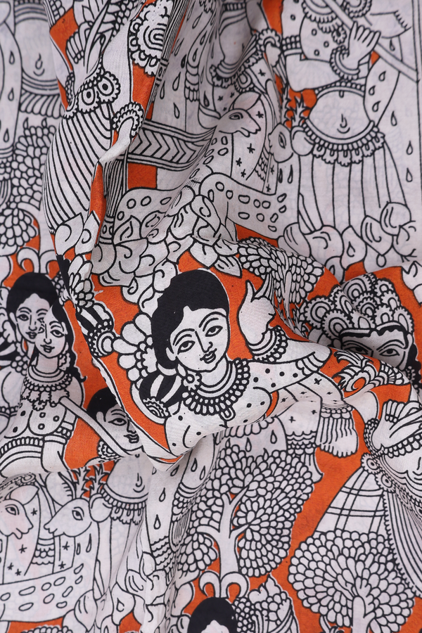 Kalamkari Cotton Saree In Orange With Printed Design