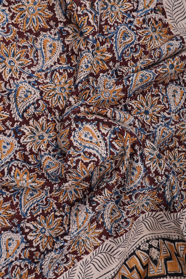 Kalamkari Cotton Saree In Plum Brown With Floral Design