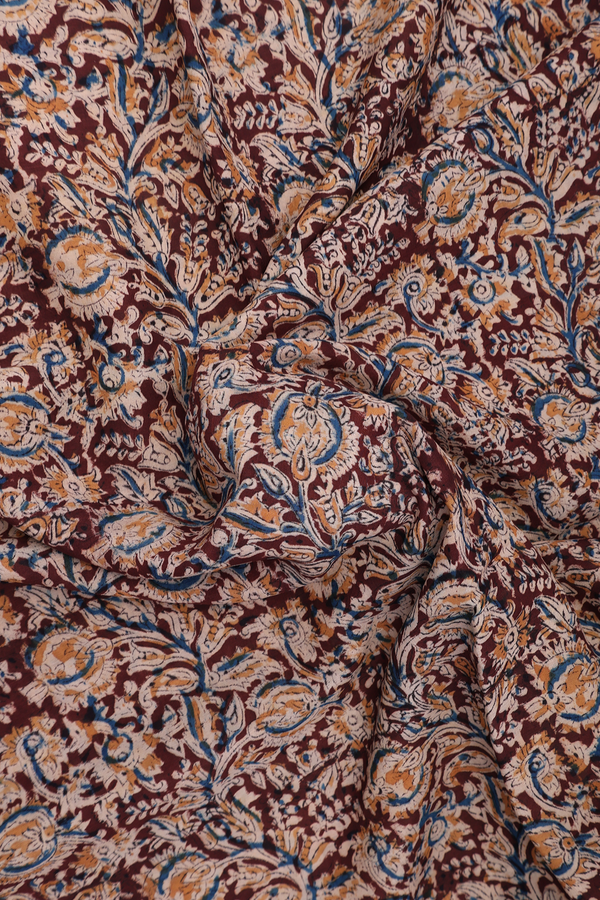 Kalamkari Cotton Saree In Plum Brown With Floral Design