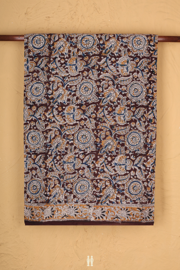 Kalamkari Cotton Saree In Plum Brown With Floral Design