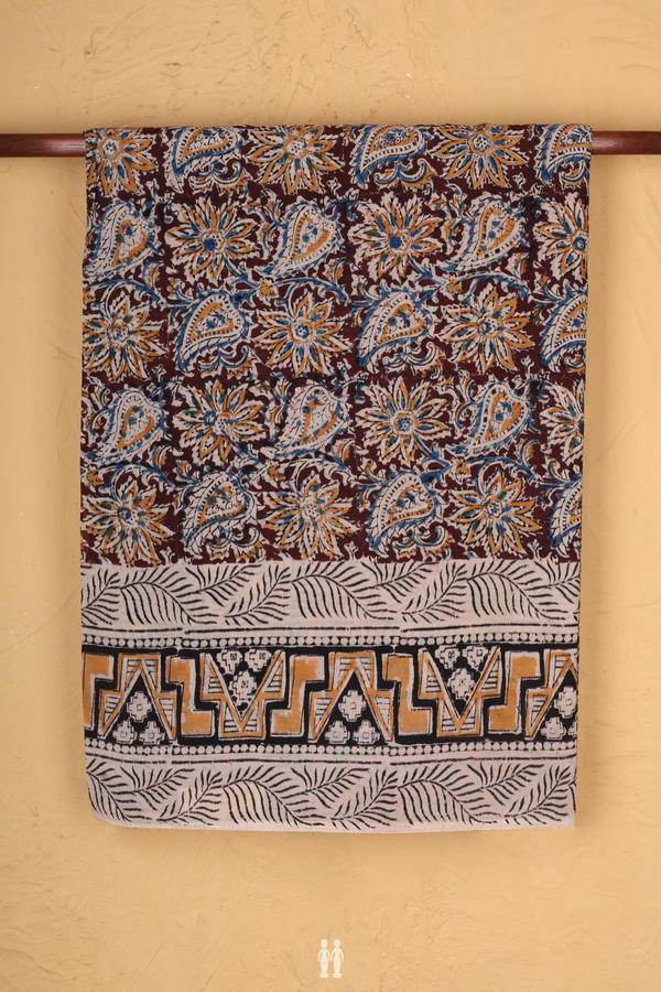 Kalamkari Cotton Saree In Plum Brown With Floral Design