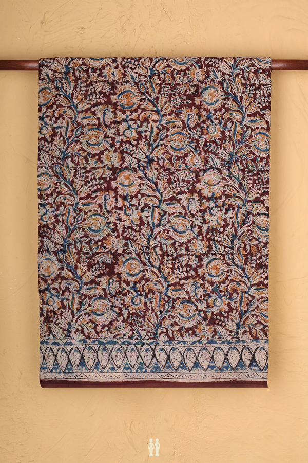 Kalamkari Cotton Saree In Plum Brown With Floral Design