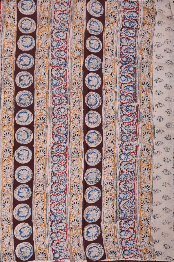 Kalamkari Cotton Saree In Plum Brown With Floral Design