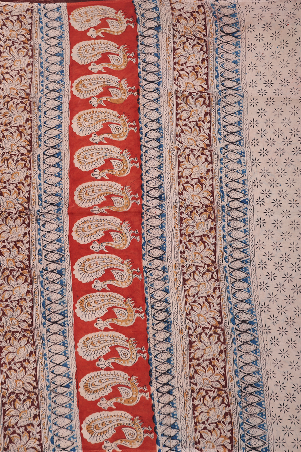 Kalamkari Cotton Saree In Plum Brown With Floral Design