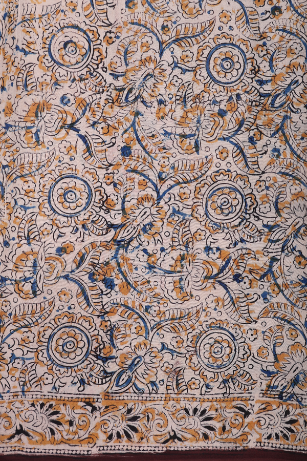 Kalamkari Cotton Saree In Plum Brown With Floral Design
