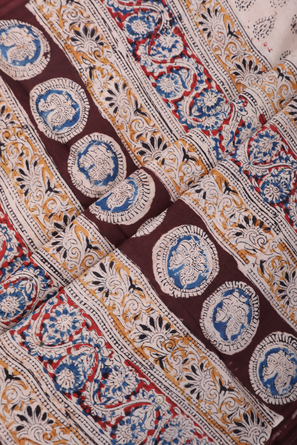 Kalamkari Cotton Saree In Plum Brown With Floral Design