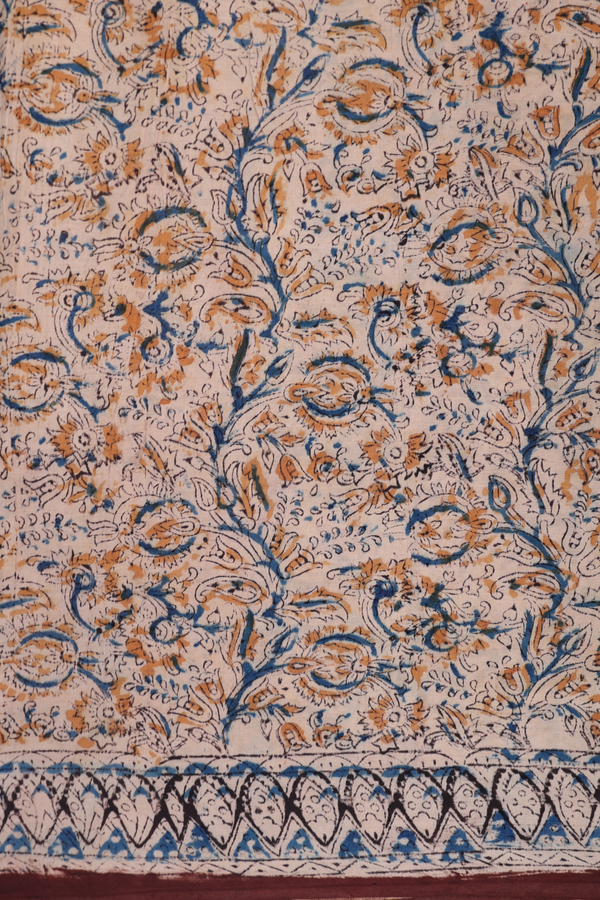 Kalamkari Cotton Saree In Plum Brown With Floral Design