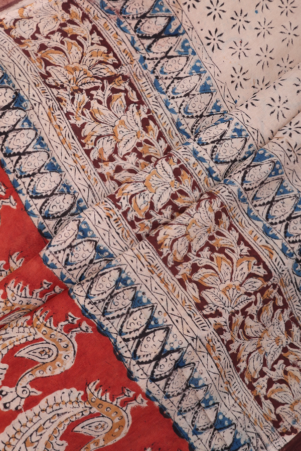 Kalamkari Cotton Saree In Plum Brown With Floral Design