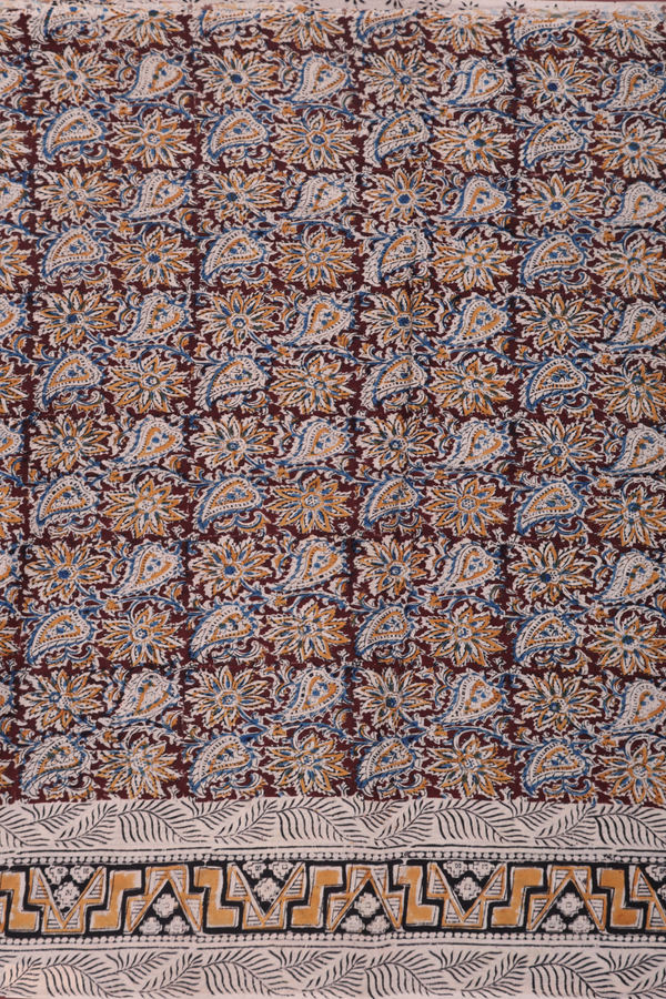 Kalamkari Cotton Saree In Plum Brown With Floral Design