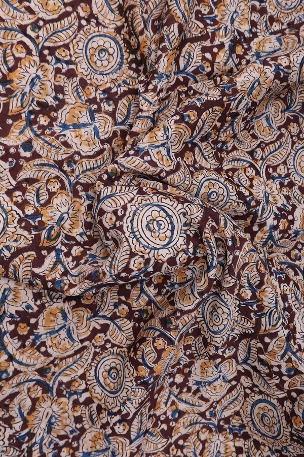 Kalamkari Cotton Saree In Plum Brown With Floral Design