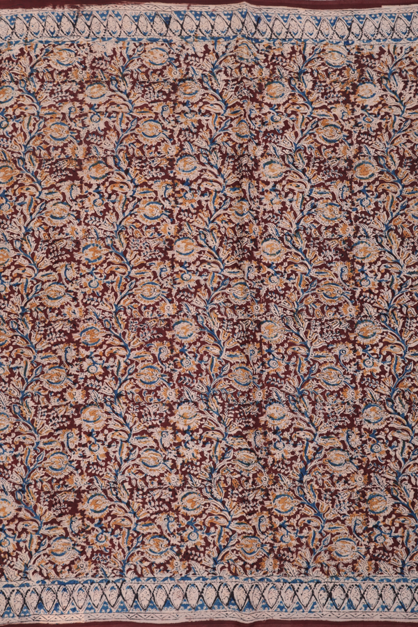 Kalamkari Cotton Saree In Plum Brown With Floral Design