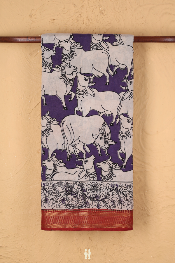 Kalamkari Cotton Saree In Purple With Cow Printed Design