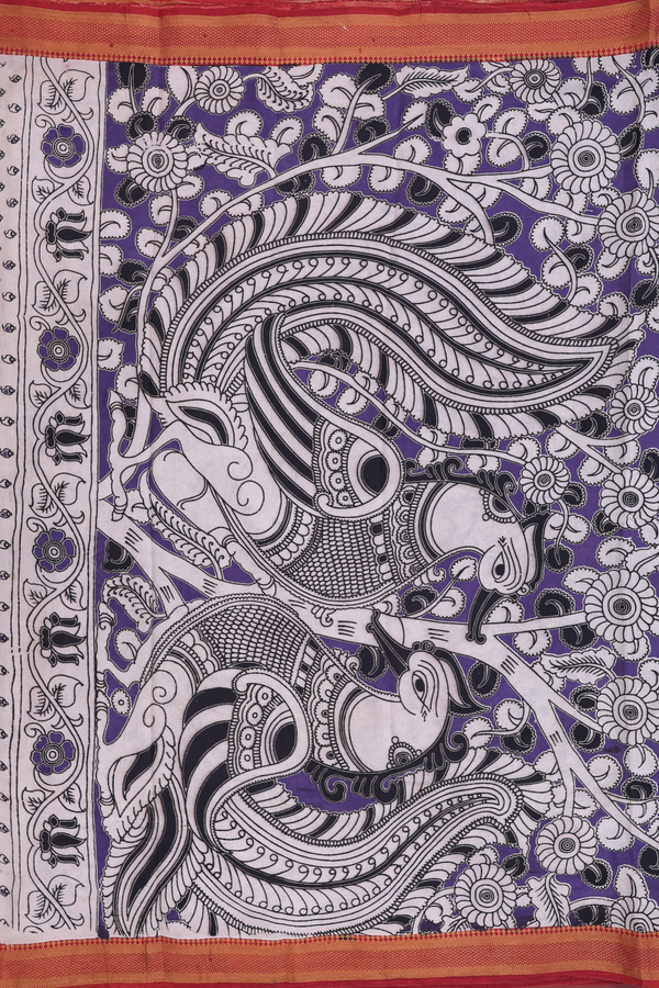 Kalamkari Cotton Saree In Purple With Cow Printed Design