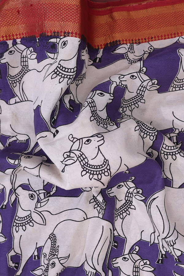 Kalamkari Cotton Saree In Purple With Cow Printed Design