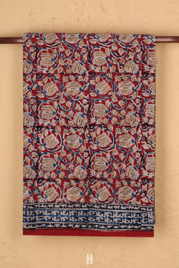 Kalamkari Cotton Saree In Red With Floral Design