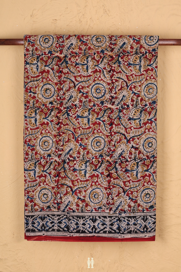 Kalamkari Cotton Saree In Red With Floral Design
