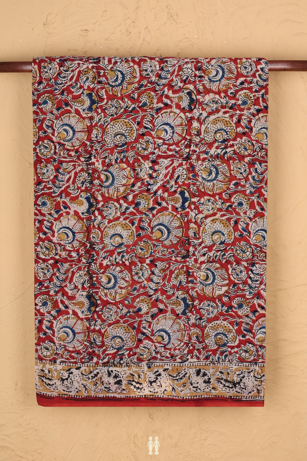 Kalamkari Cotton Saree In Red With Floral Design