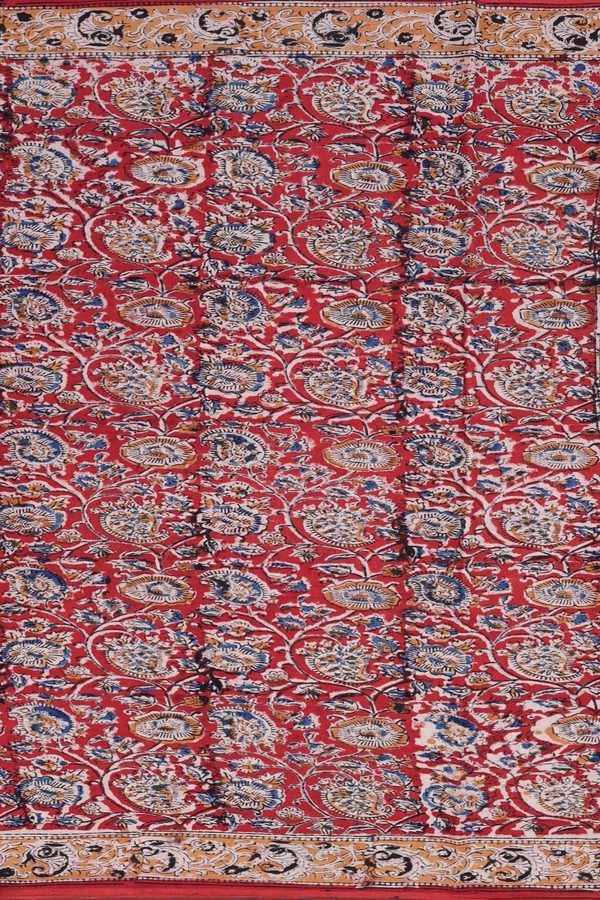 Kalamkari Cotton Saree In Red With Floral Design