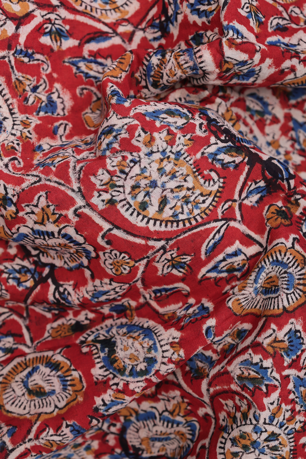 Kalamkari Cotton Saree In Red With Floral Design