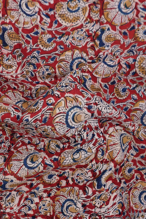 Kalamkari Cotton Saree In Red With Floral Design