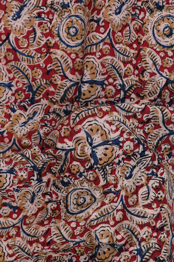 Kalamkari Cotton Saree In Red With Floral Design