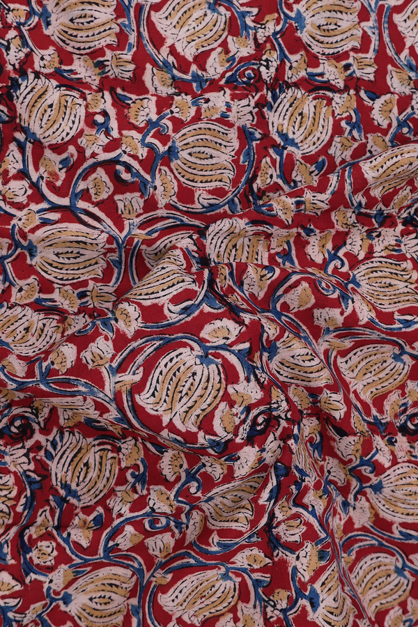 Kalamkari Cotton Saree In Red With Floral Design