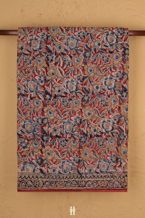Kalamkari Cotton Saree In Red With Floral Printed Design
