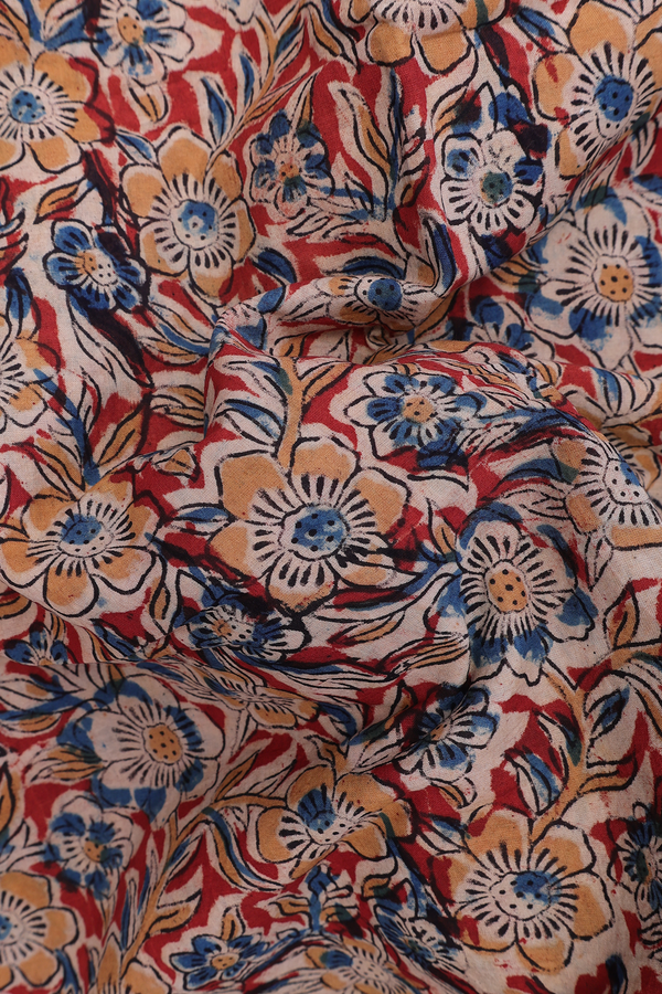 Kalamkari Cotton Saree In Red With Floral Printed Design